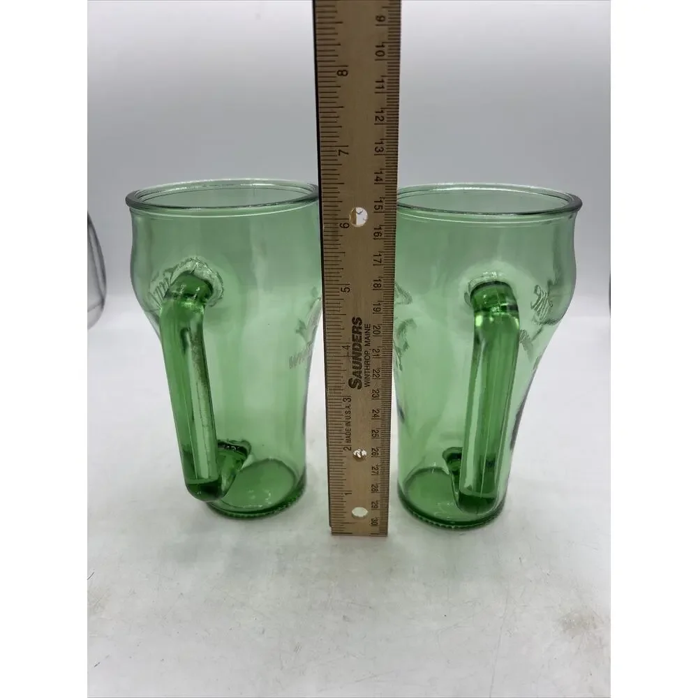 2 Vintage 1980's Coca-Cola Cowboy Whataburger Green Glass Handled Mugs